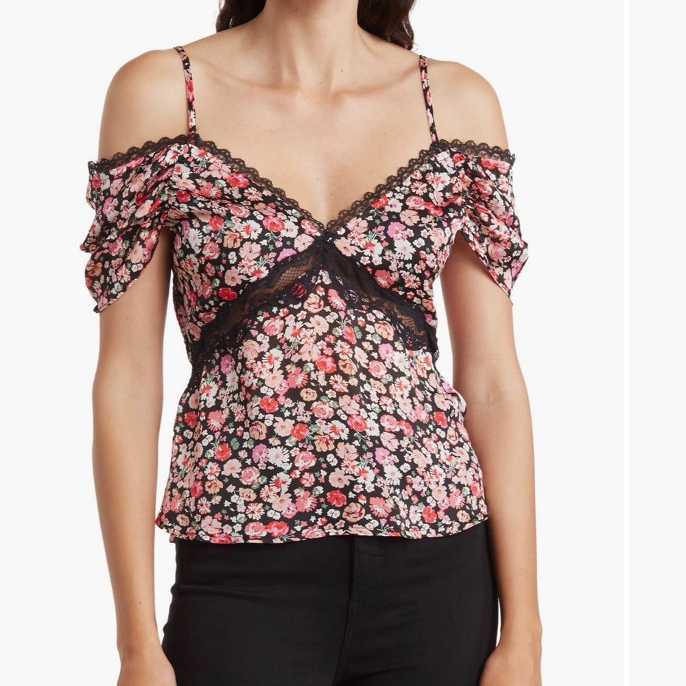 Lush Black Floral Cold-Shoulder Lace Trim Blouse